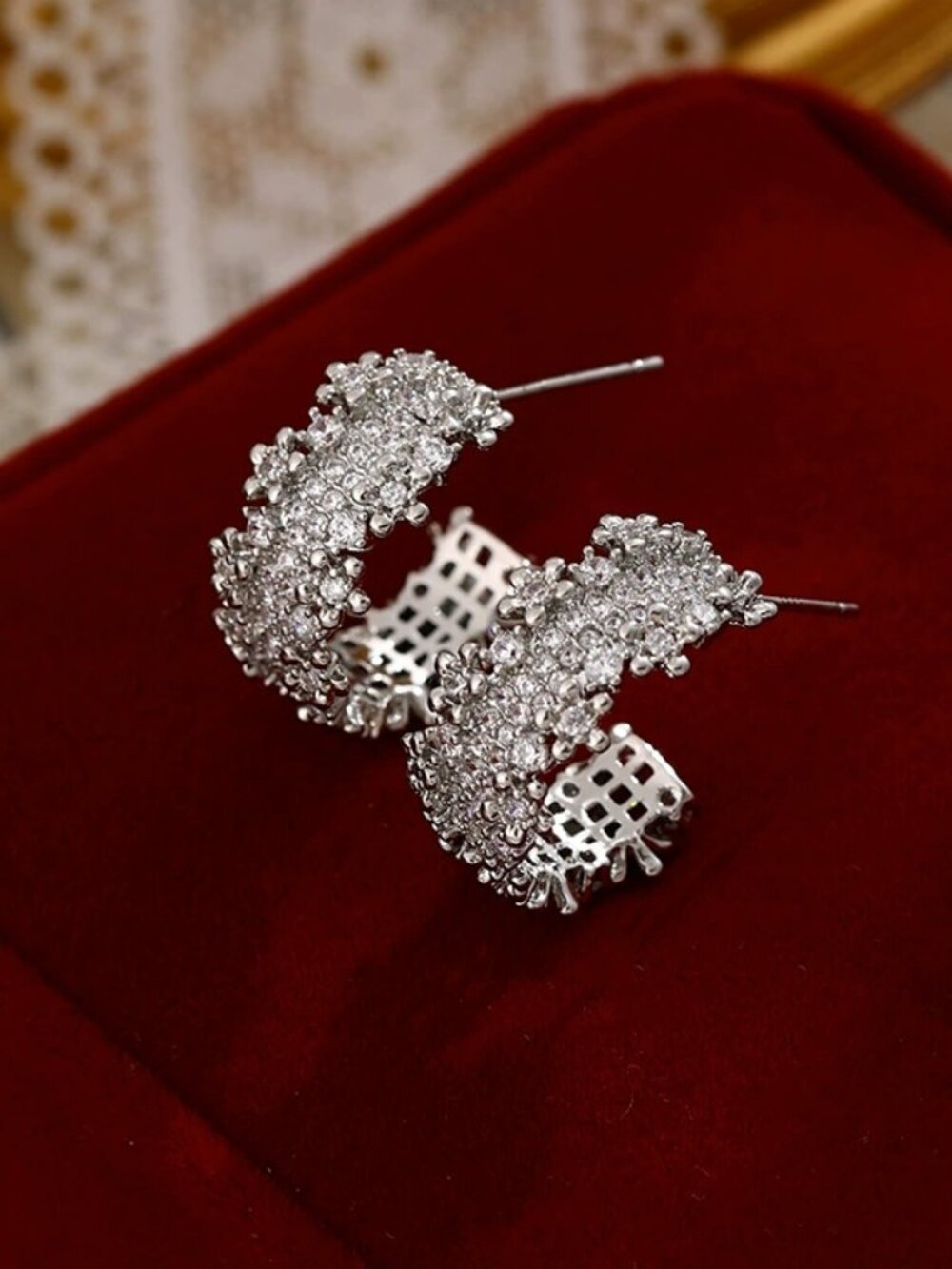 Sparkling Pavé CZ Silver-Tone C-Hoop Earrings